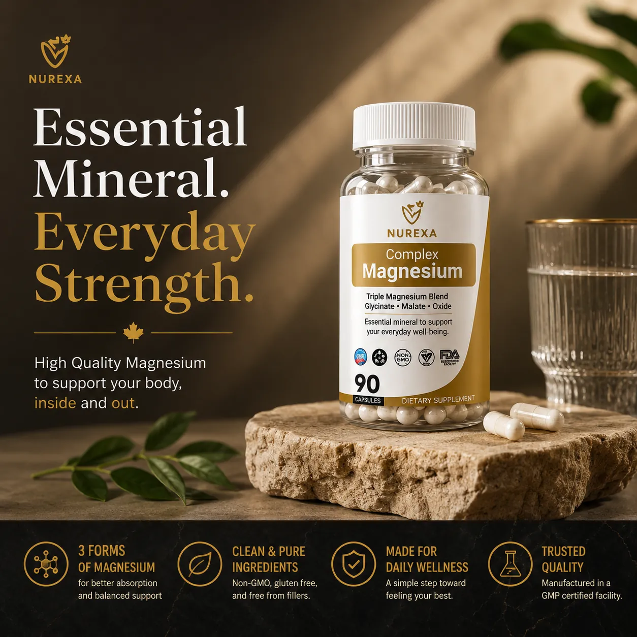 Nurexa Complex Magnesium styled on a stone surface with the tagline Essential Mineral, Everyday Strength