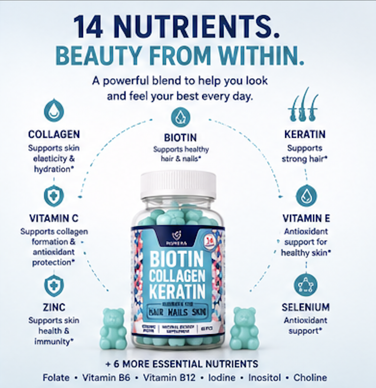 Nurexa Biotin Collagen Keratin gummies captured mid-motion