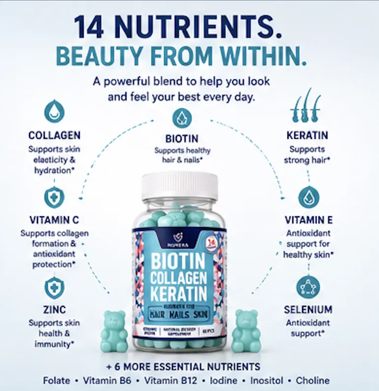 Nurexa Biotin Collagen Keratin gummies captured mid-motion