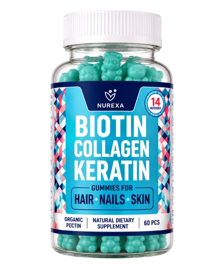 Nurexa Biotin Collagen Keratin gummies bottle, 60 pieces