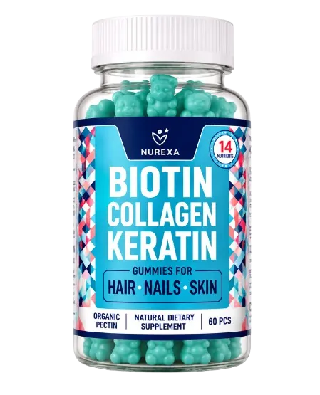 Nurexa Biotin Collagen Keratin gummies bottle, 60 pieces