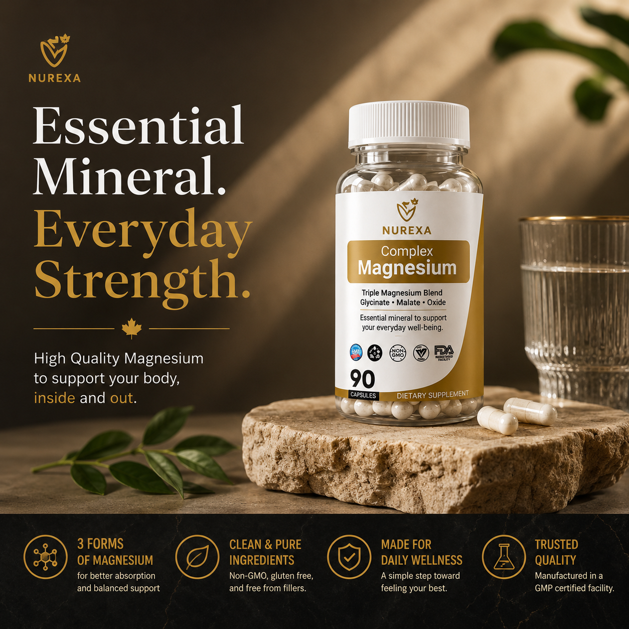 Nurexa Complex Magnesium styled on a stone surface with the tagline Essential Mineral, Everyday Strength