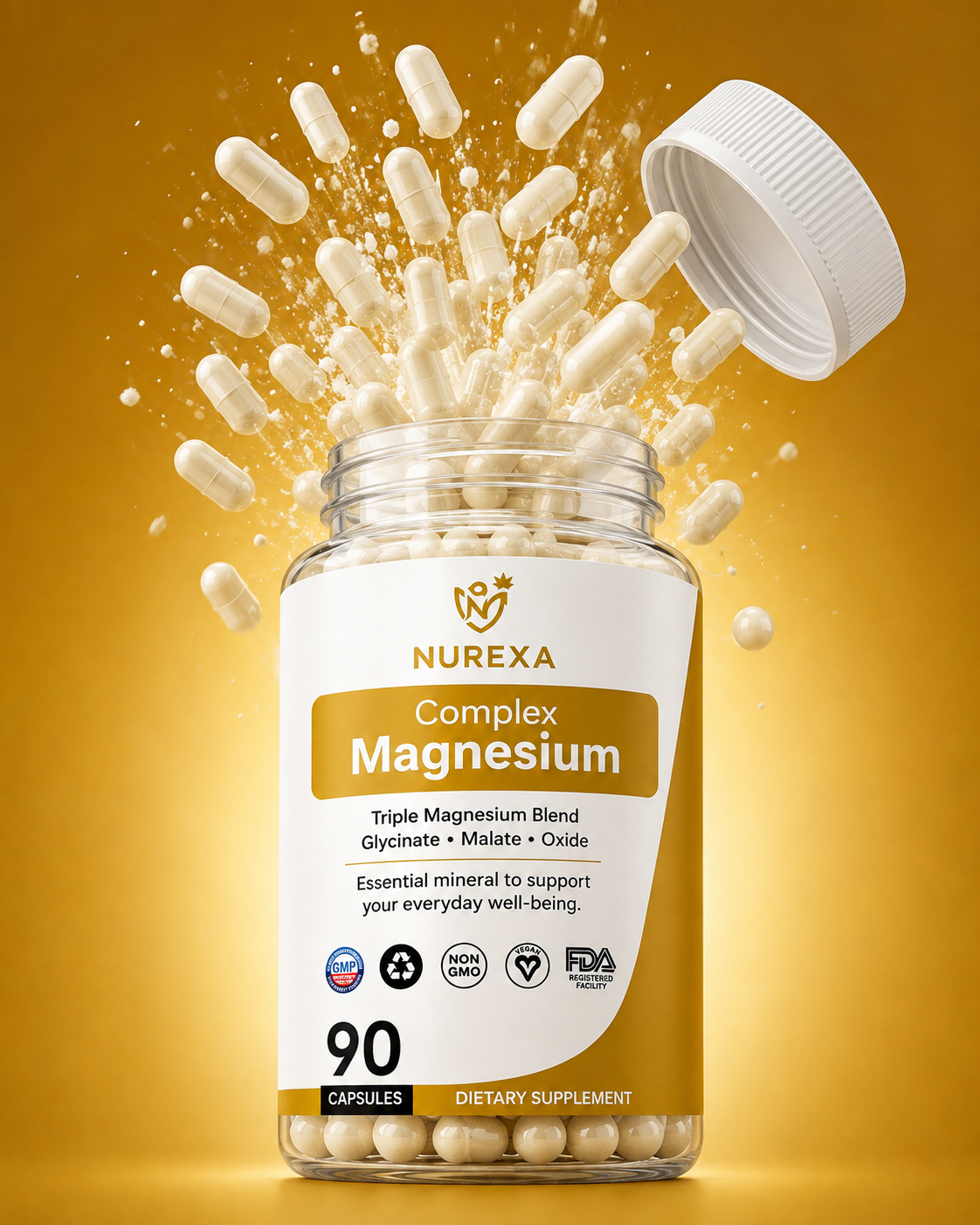 Nurexa Complex Magnesium capsules captured mid-motion above the bottle