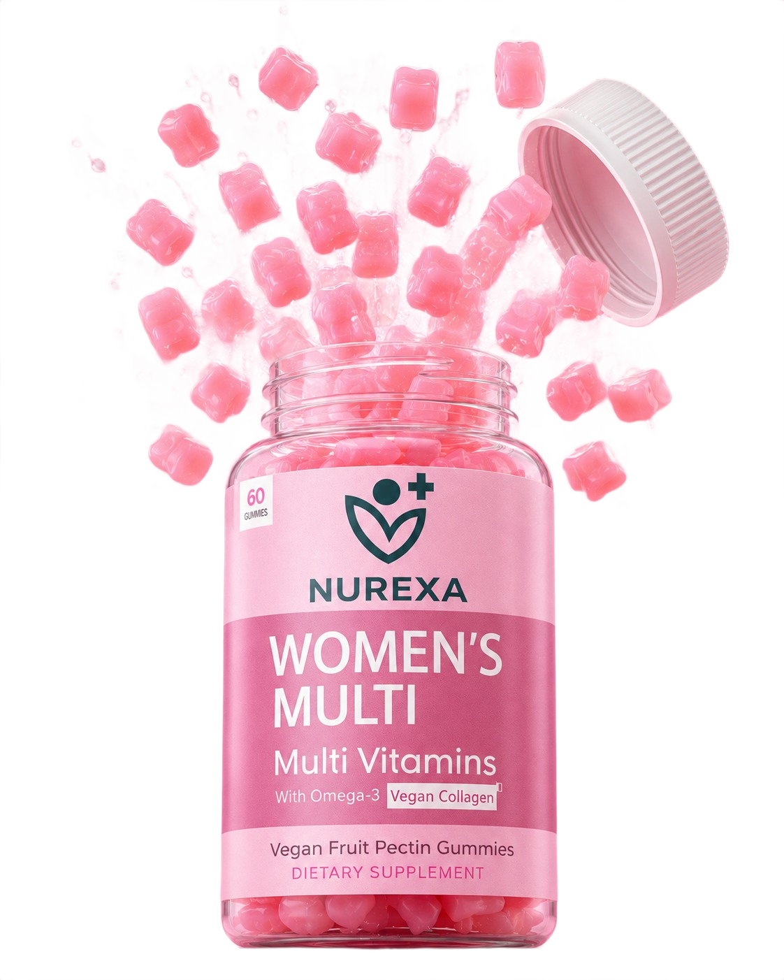 Nurexa Women's Multi gummies captured mid-motion above the bottle