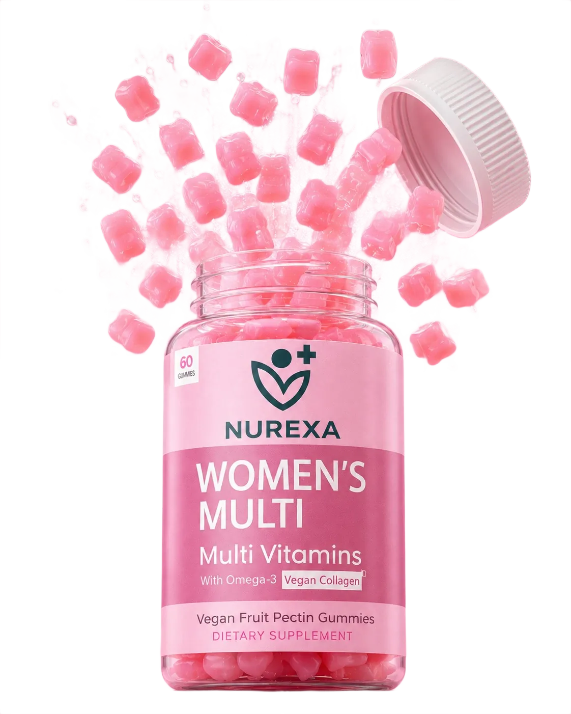 Nurexa Women's Multi gummies captured mid-motion above the bottle